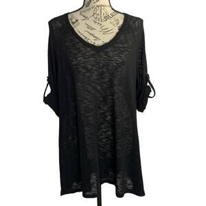Erin London Blouse V-Neck Long Quarter Sleeves Sheer Black Women Large NEW